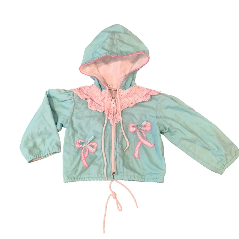 Vintage JPI Company Girls Teal Pink Polka Dot Ruffle Hooded Jacket Size 12 Mo